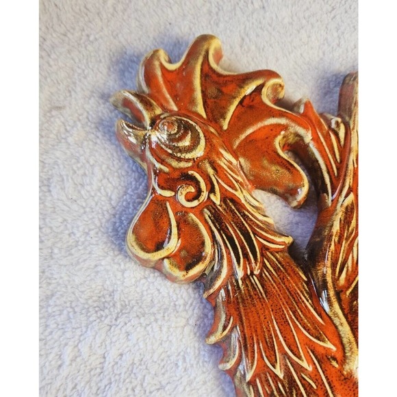 VTG MCM Plaster Fighting Rooster Wall Decor Plaster Plaque Red Gold Drip Glaze - Picture 9 of 9